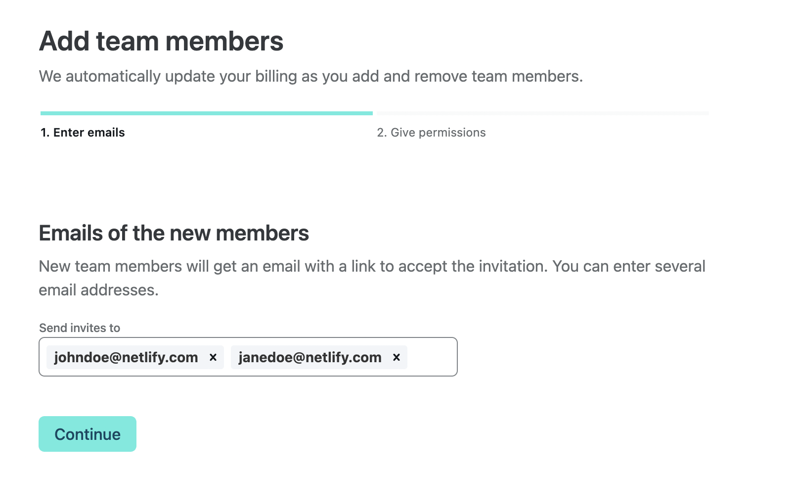 Interface to add team members asks for the emails of the new members.