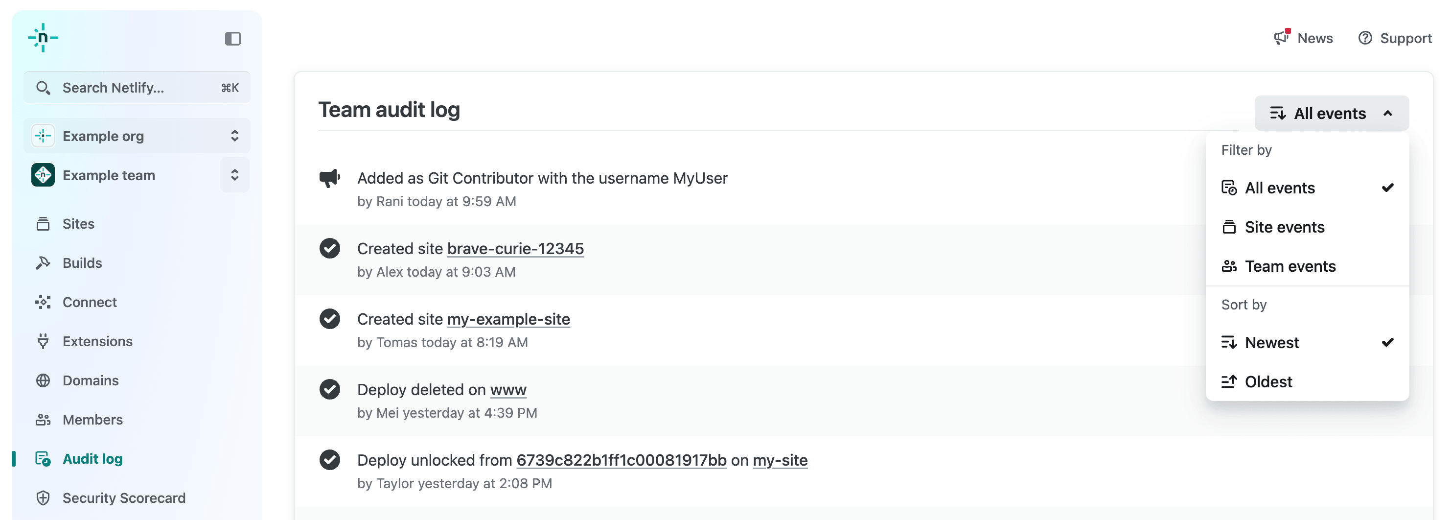 Team audit log page showing the drop-down menu in the top right with the options All events, Site events, Team events, Newest, and Oldest.