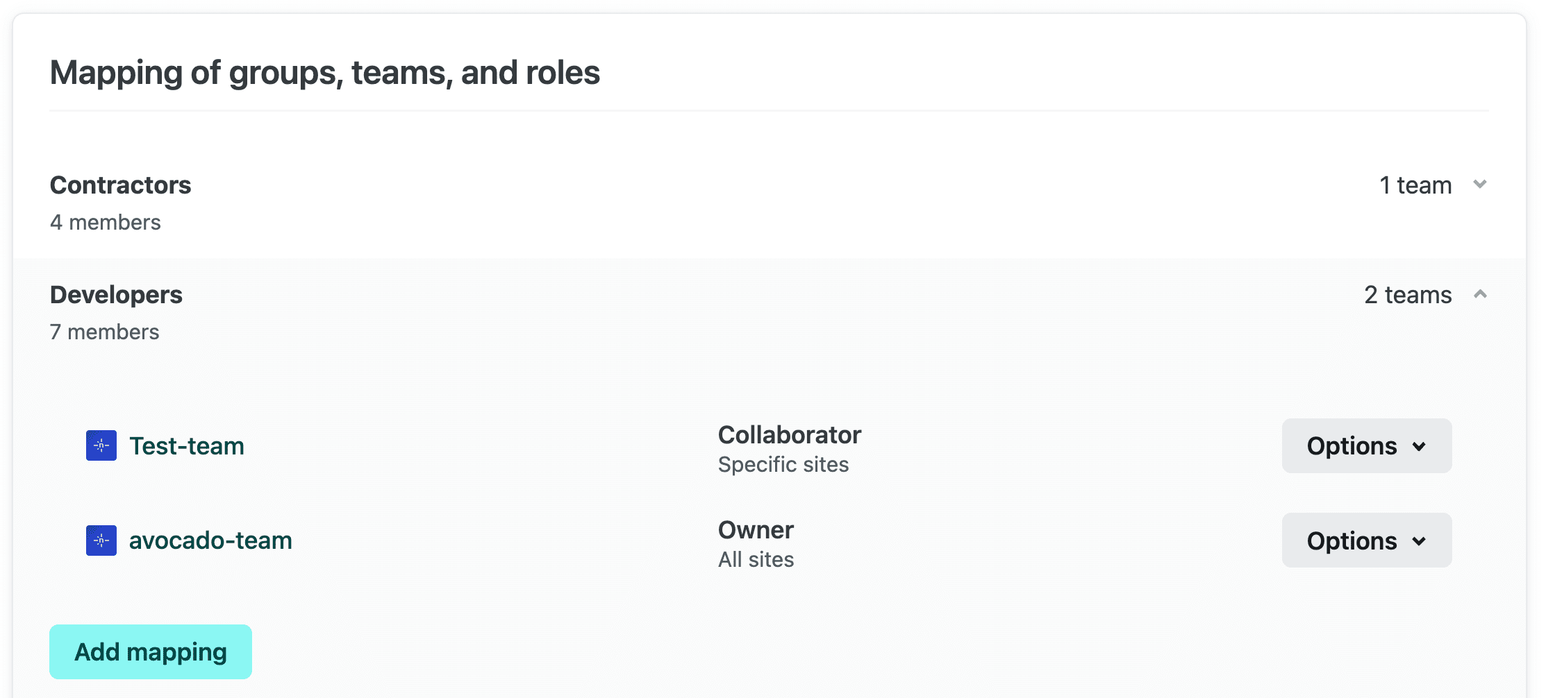 Example of how to map a Developers directory group to the Test-team and avocado team with different user roles and site access in the Netlify UI