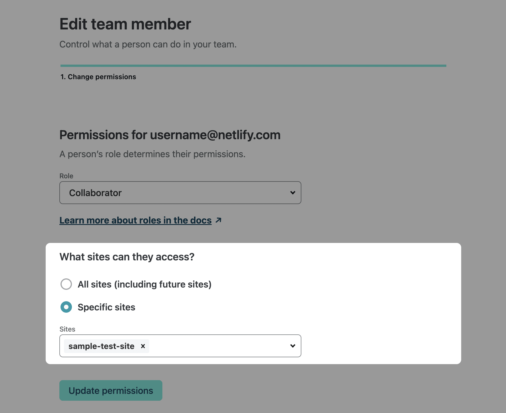 Owners can select the specific sites that a team member can access.