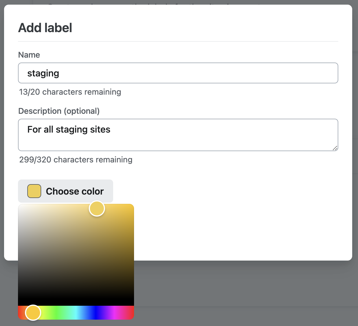 A modal in the team settings for creating team-wide labels.