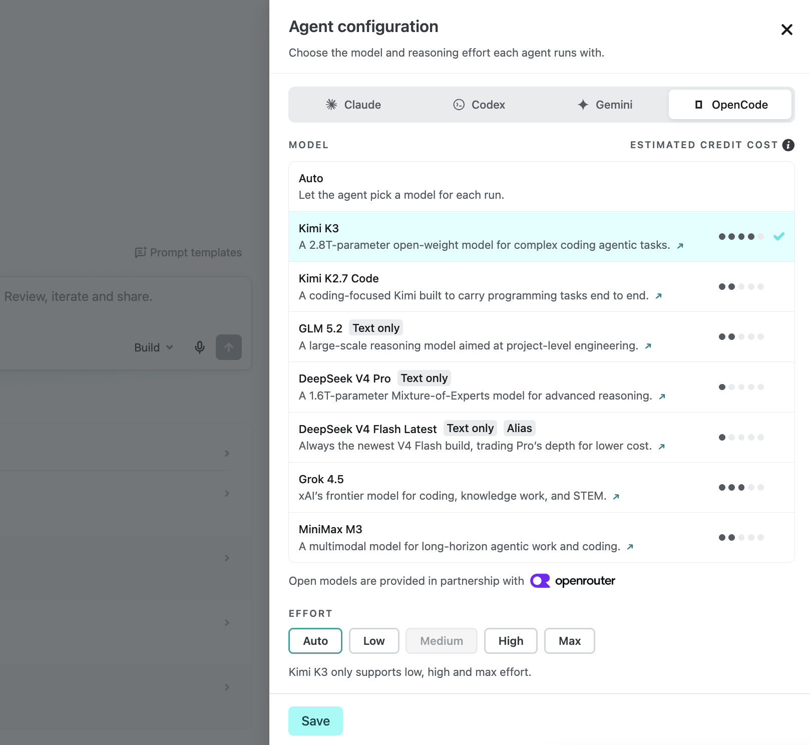 Agent configuration modal showing model and effort options for OpenCode
