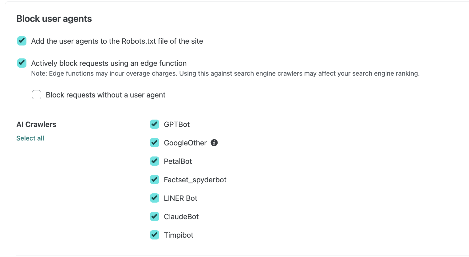 Block User Agents with all AI crawlers selected