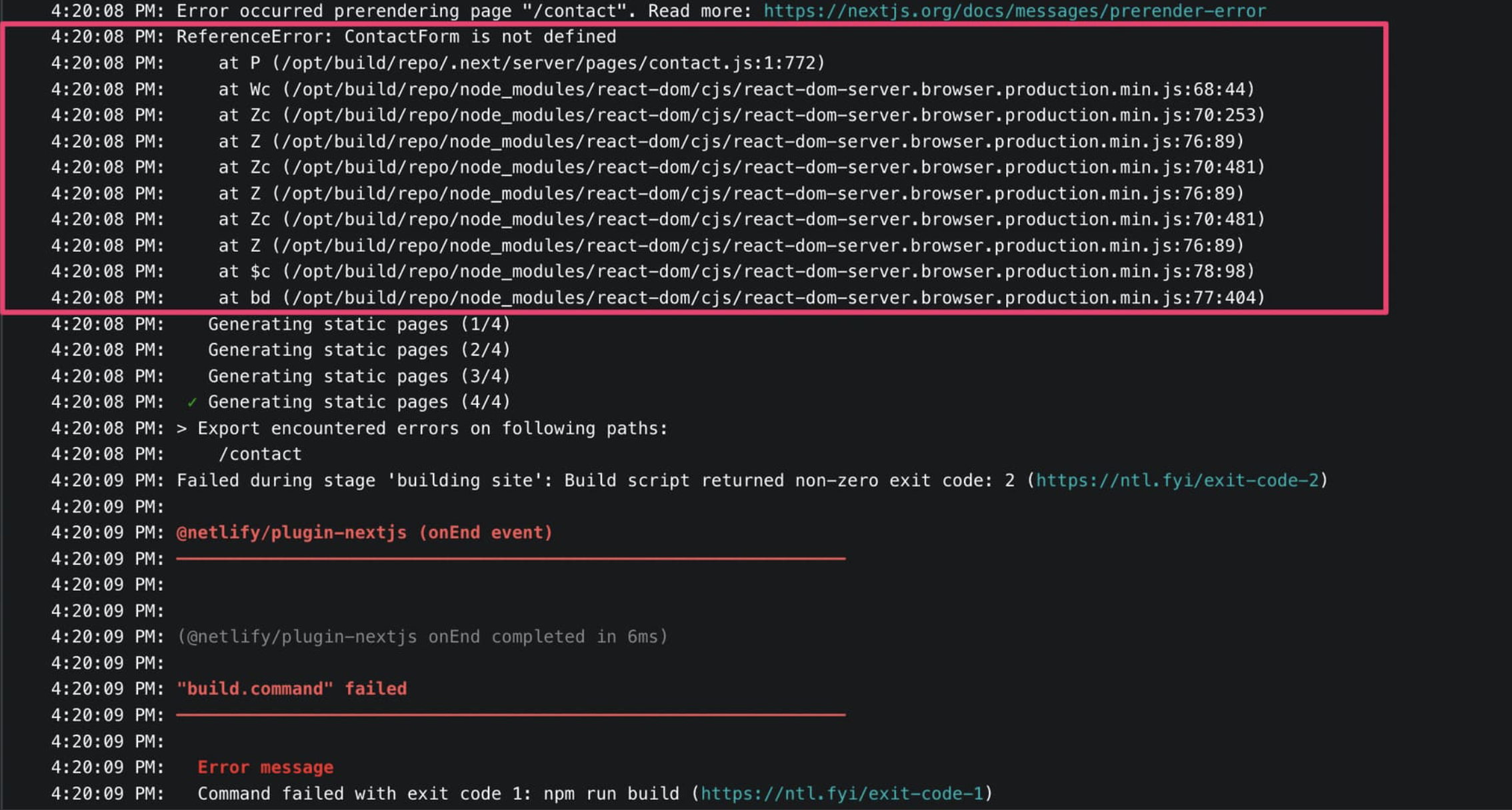 Build failure  reason highlighted for exit code error
