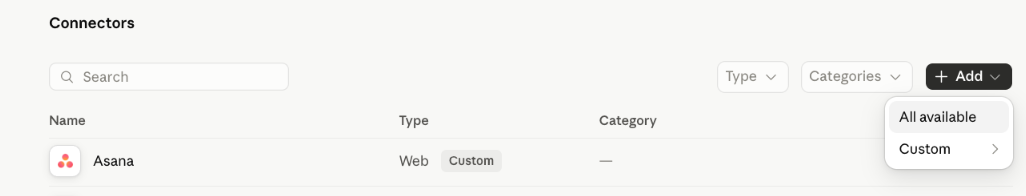 Connectors page with the Add menu open