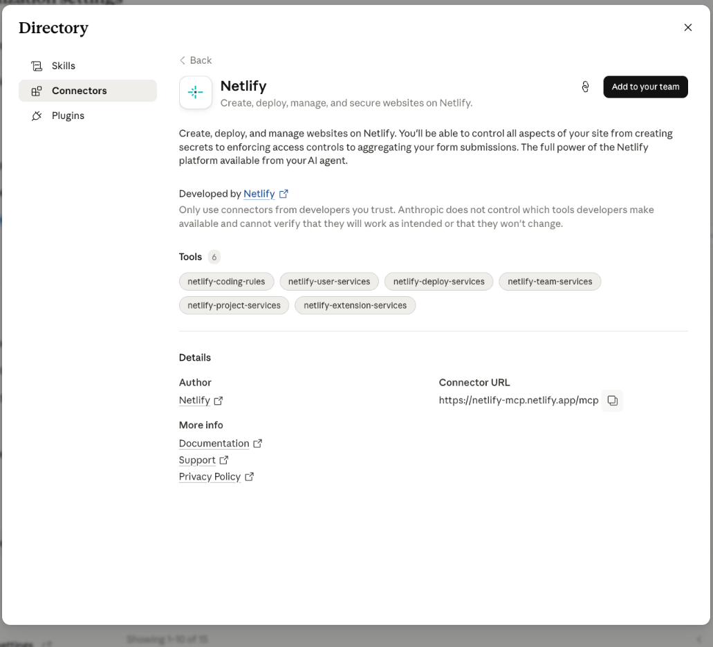 Netlify connector details with Add to your team button