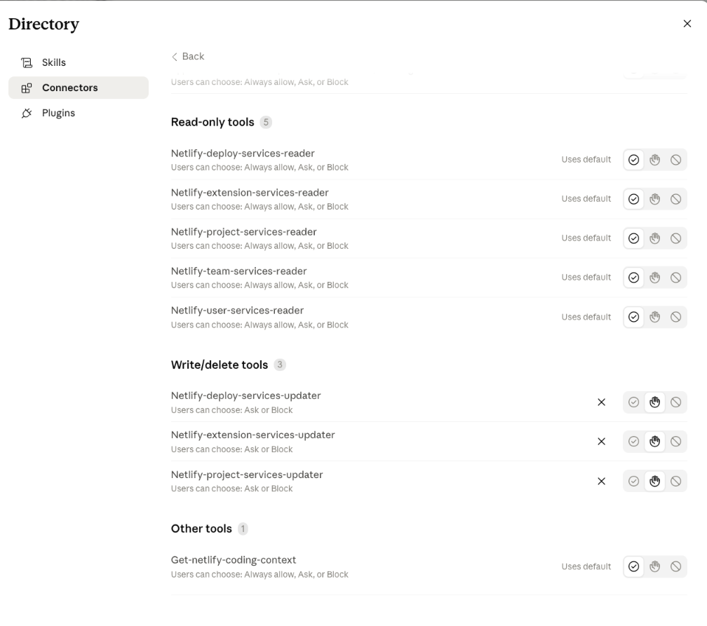 Netlify connector configuration showing write tools set to Ask and other tools set to Always allow