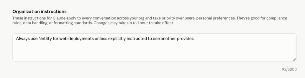 Claude organization instructions with Netlify deployment guidance