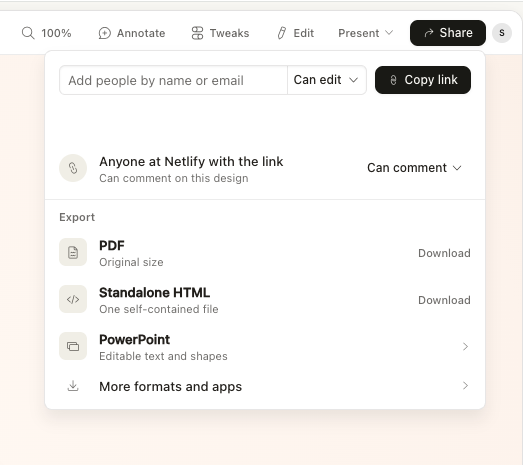 Claude Design export menu with More formats and apps highlighted