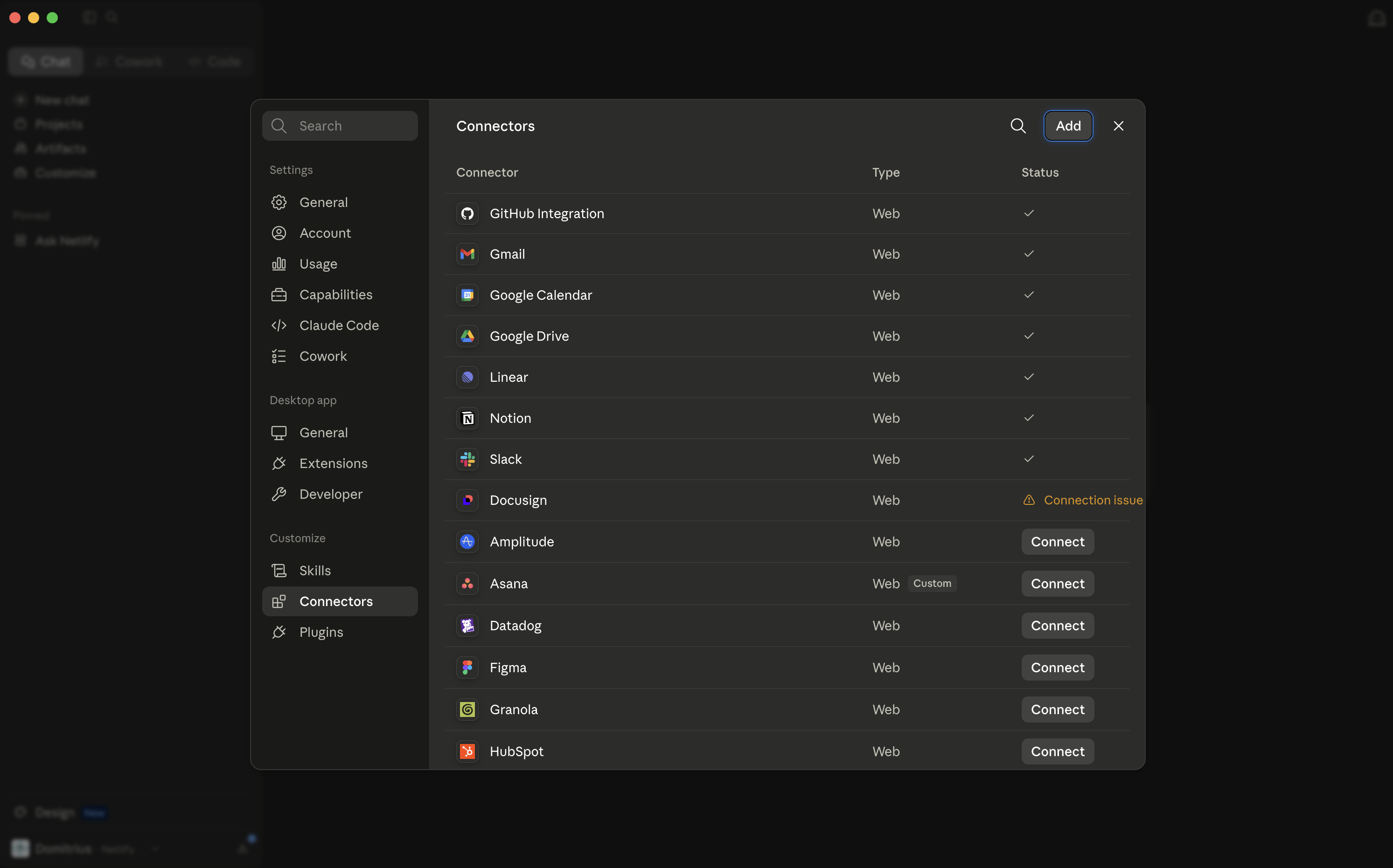 Claude Desktop Settings with Connectors selected and Add highlighted