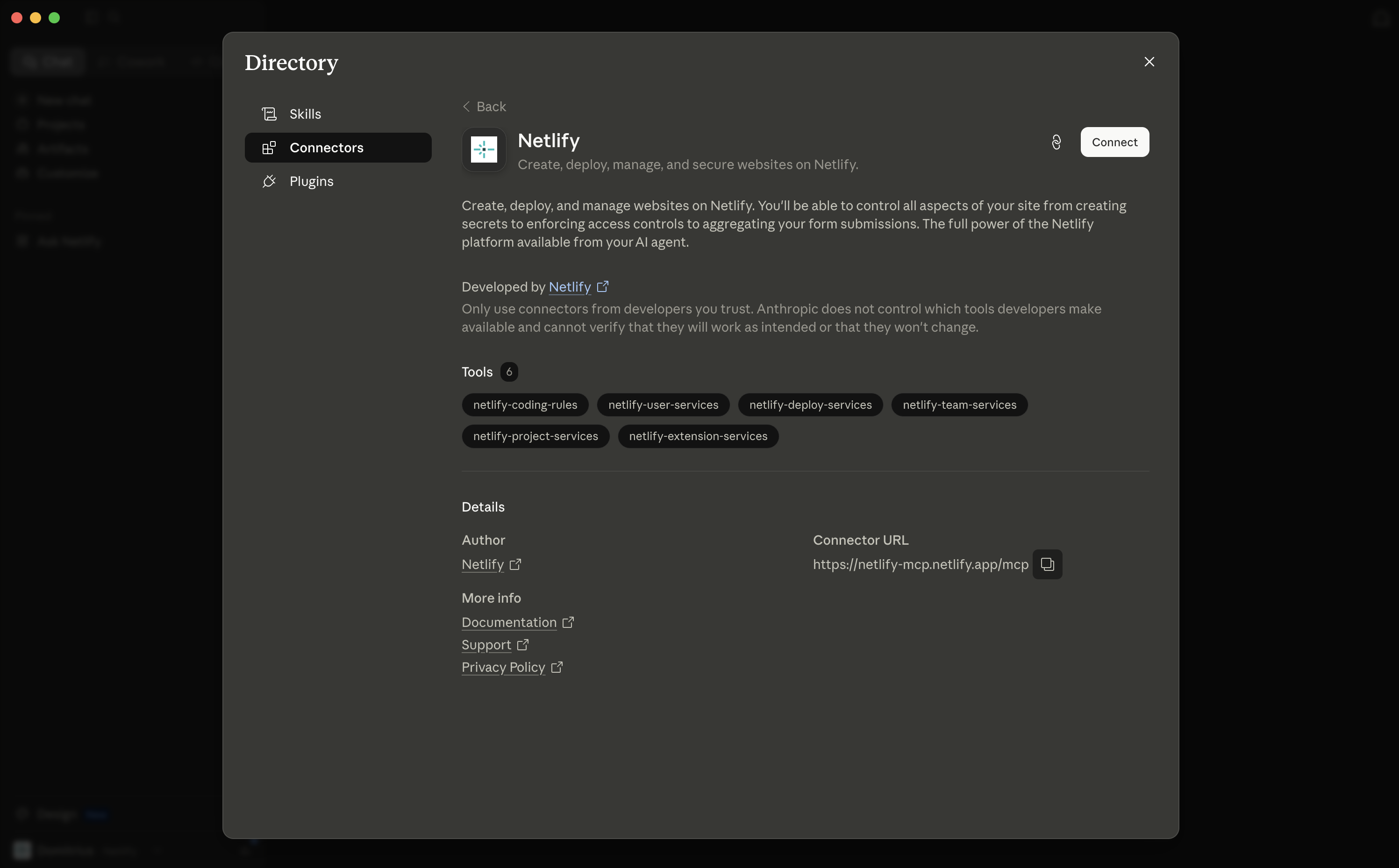 Claude Desktop Directory with Netlify connector details and Connect button