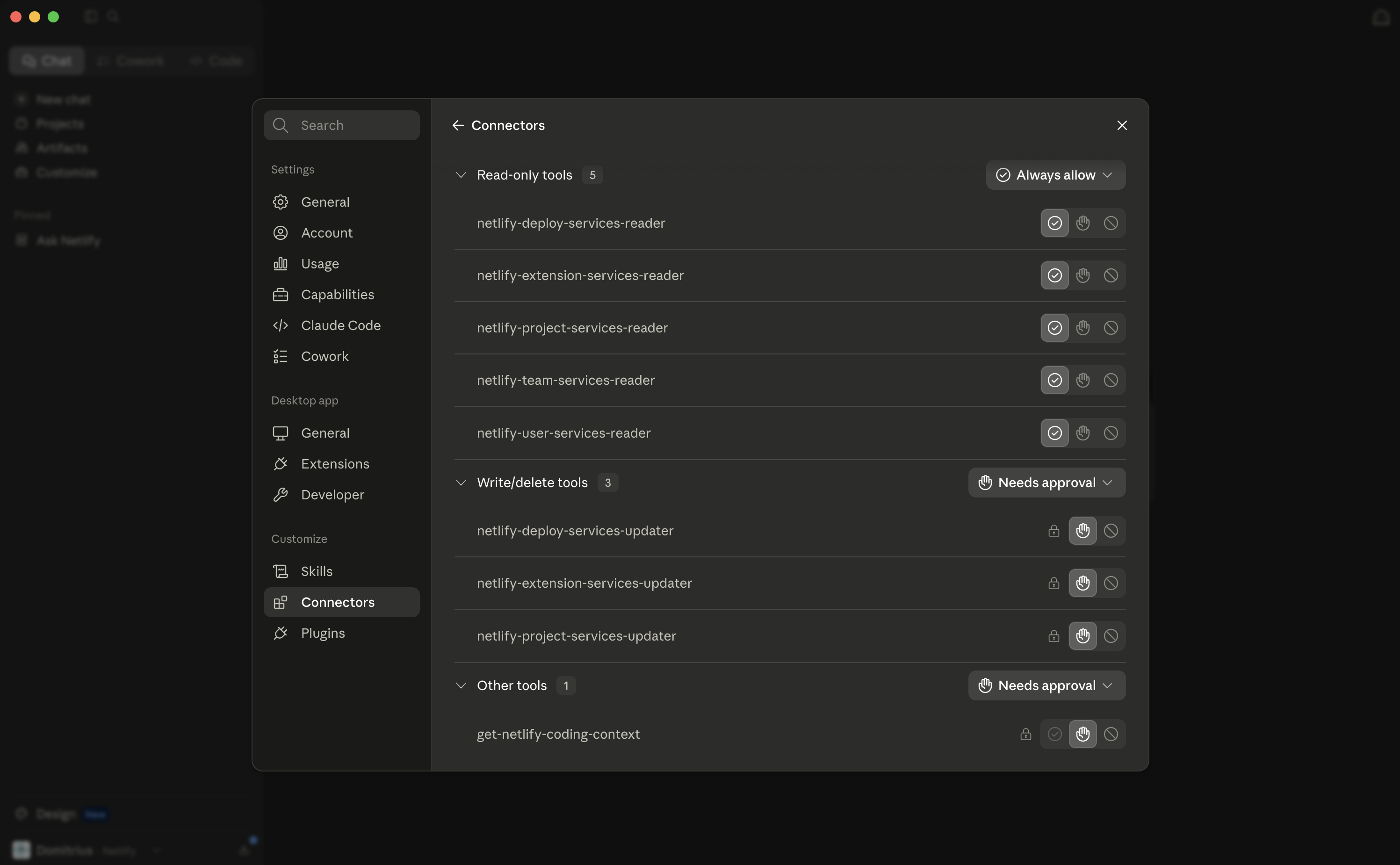 Claude Desktop Netlify connector permissions