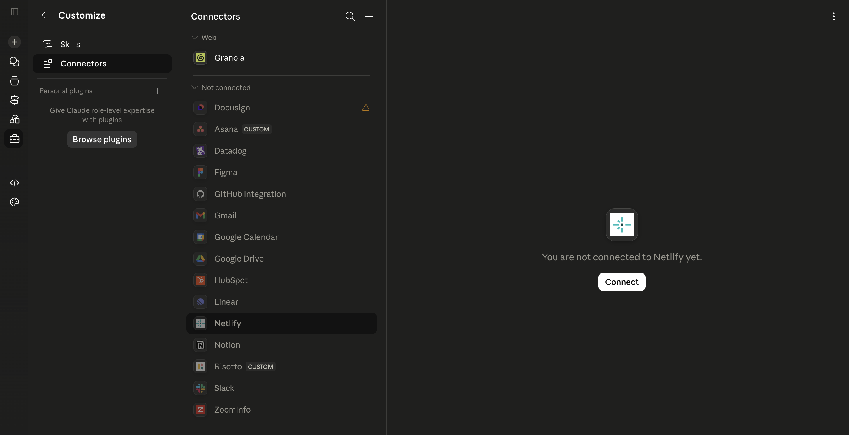 Claude Web Customize menu with Connectors selected