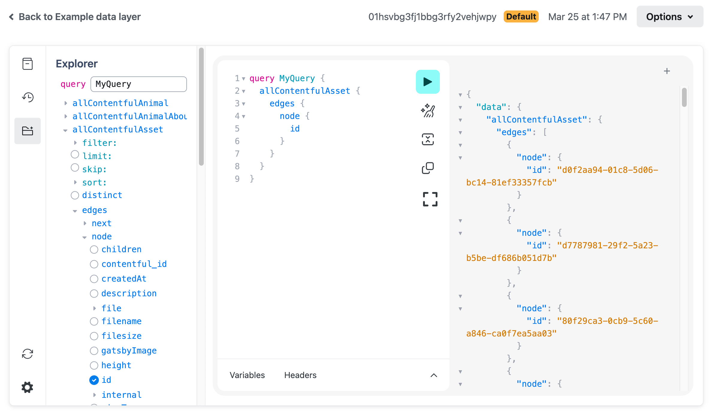 Example data layer sandbox with a sample query and the query results displayed.