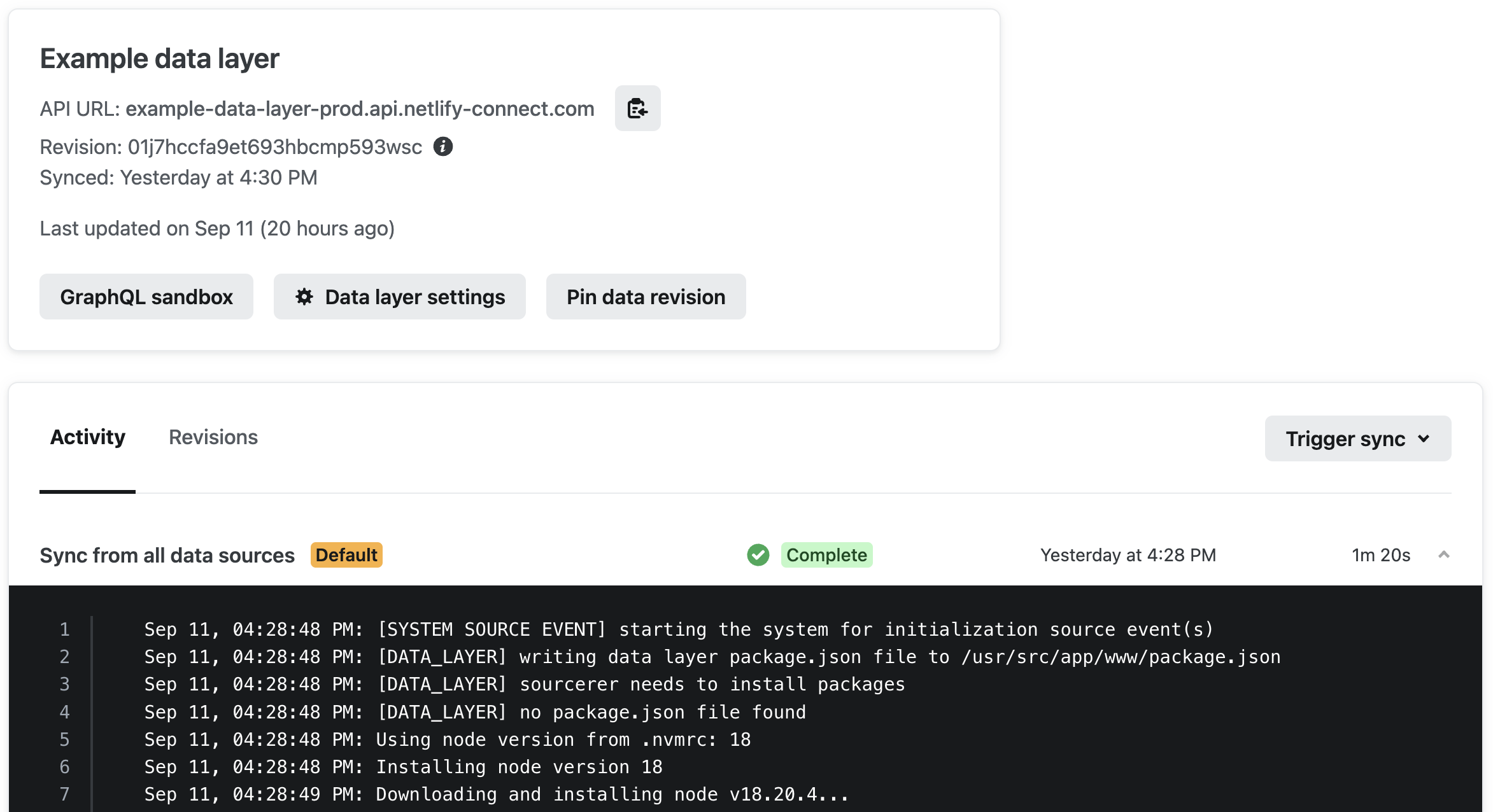 Example data layer activity section with a sync event expanded to reveal the detailed logs.