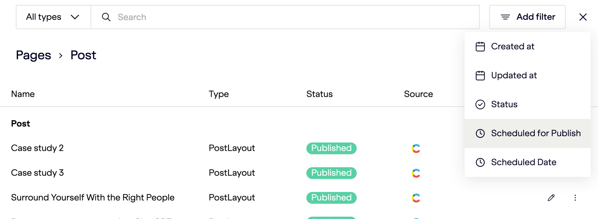 Scheduled publishing available filters.