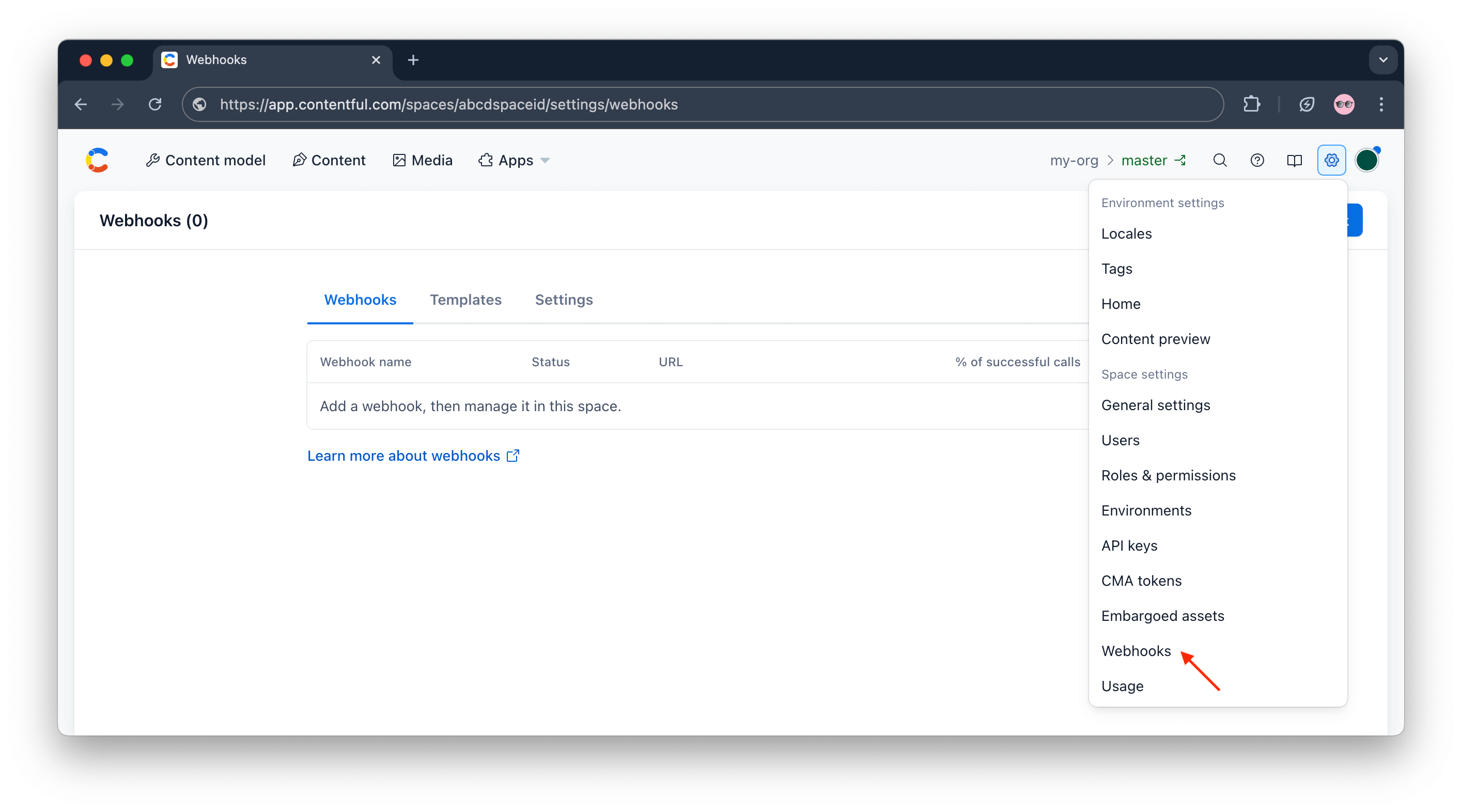 Contentful webhook settings