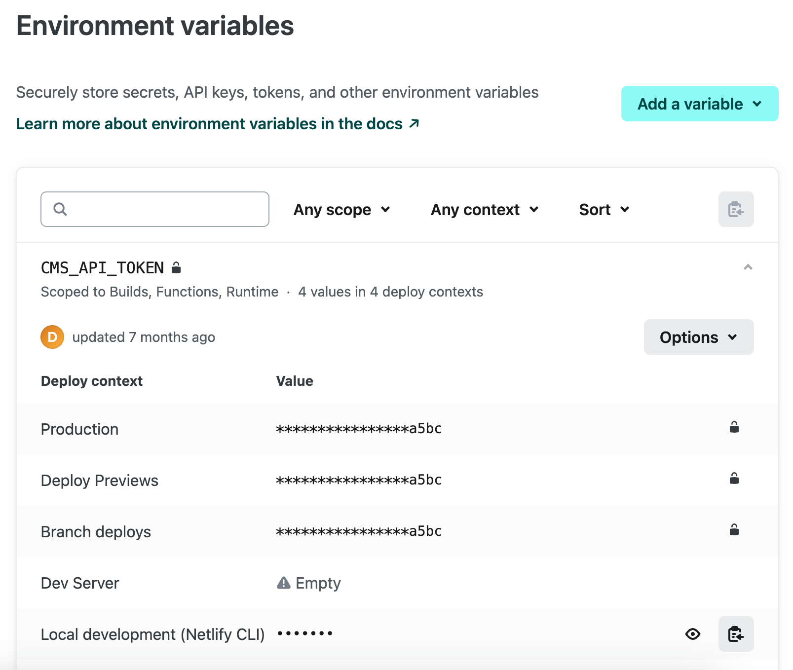 Dev Servers environment variables