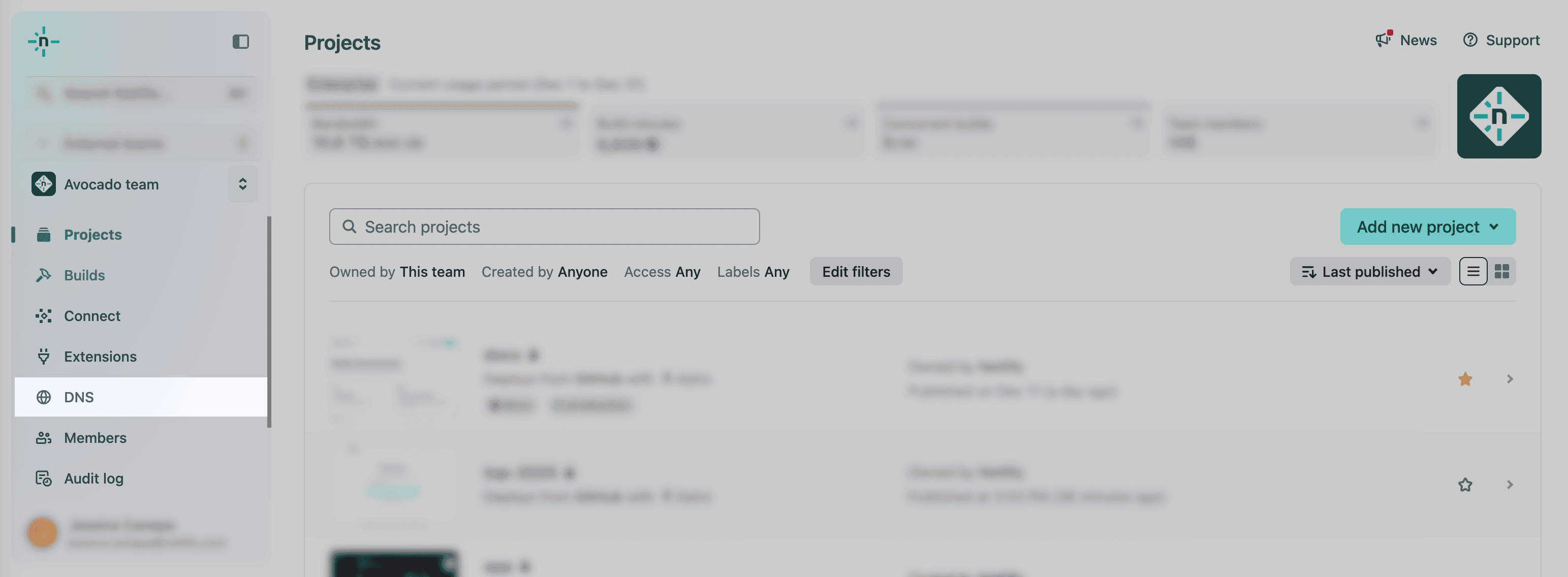 DNS option highlighted from team dashboard