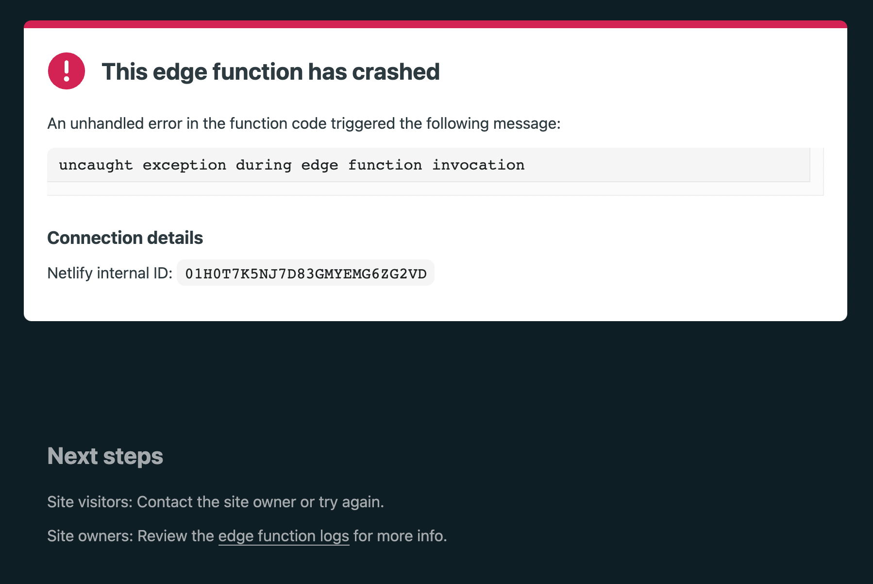 Error page with error message and next steps for site visitors and site owners.