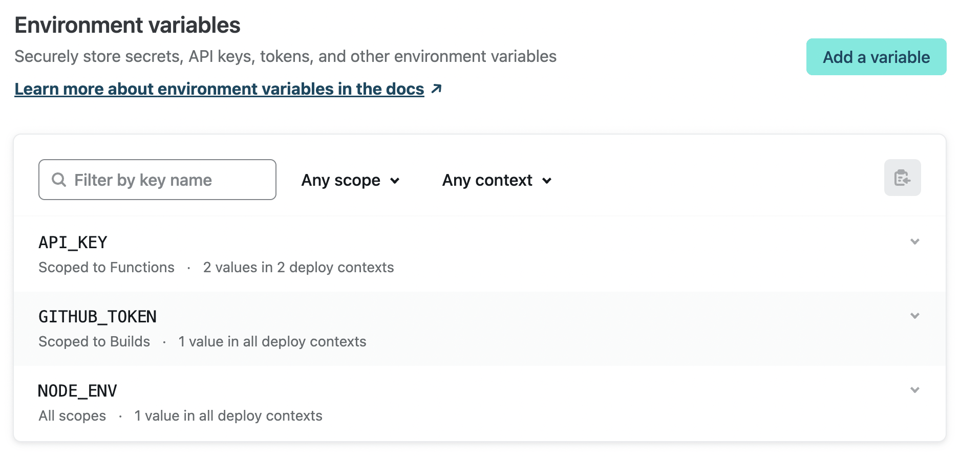 Example list of environment variables with scopes and contextual values in the Netlify UI