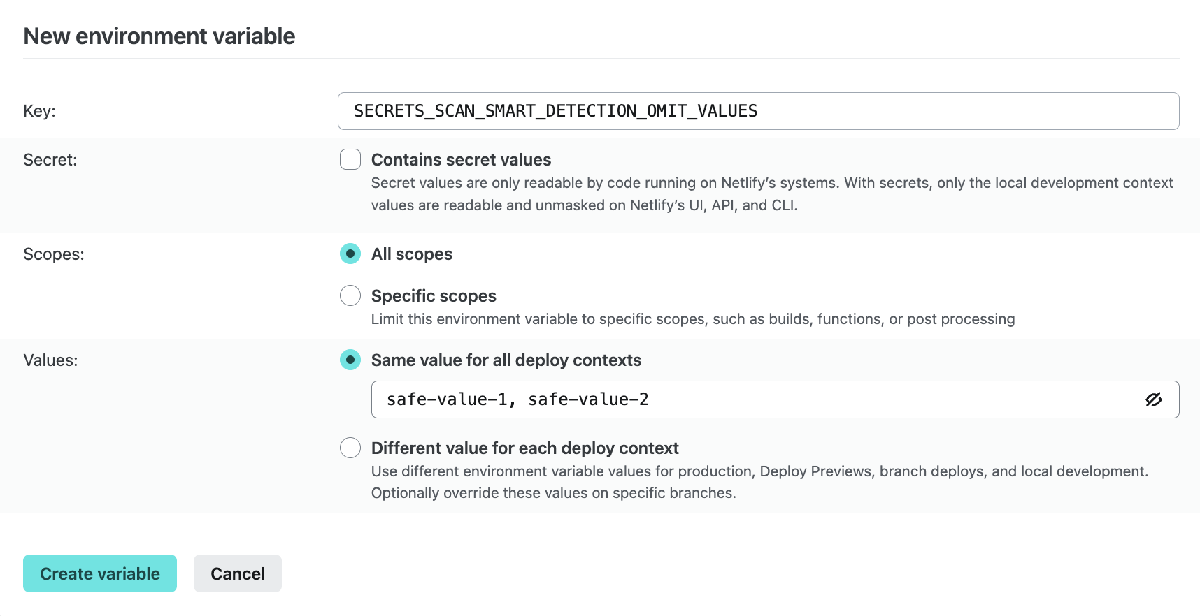 Example of how to add  environment variable to a project with  added to a safelist