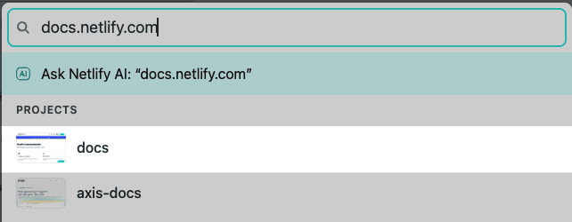 Command Palette window with custom domain docs.netlify.com entered, then the docs project under "Projects"