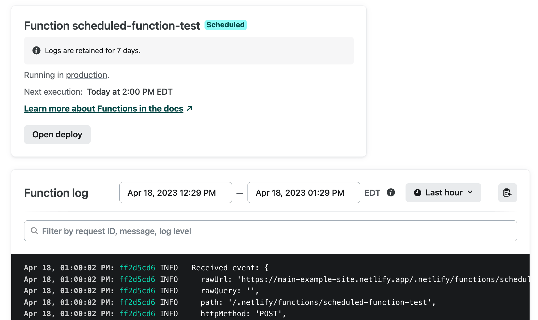 Example of a scheduled function’s details in the Netlify UI