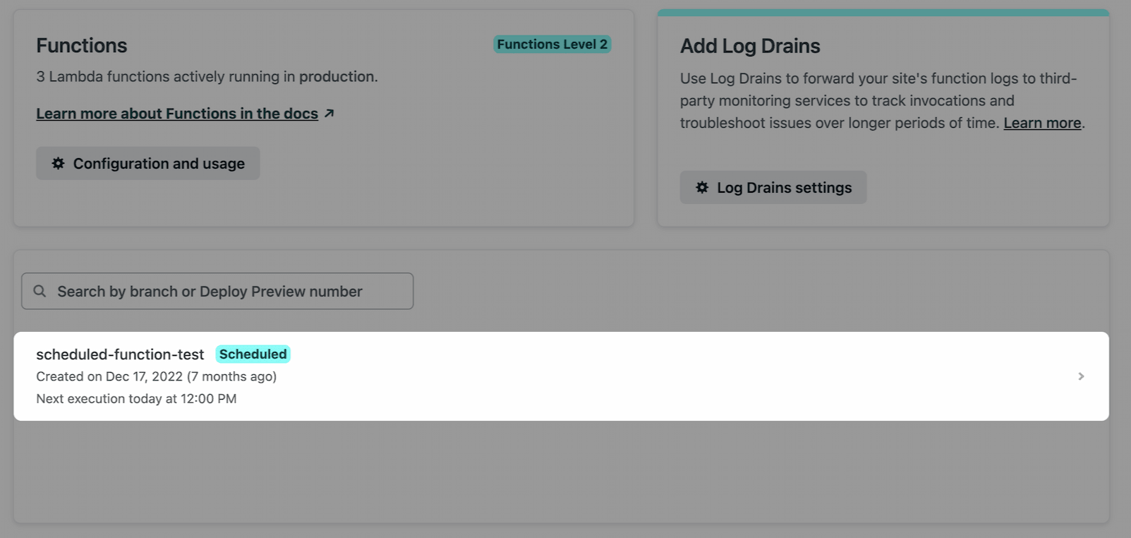Example of a function list on the Functions page of the Netlify UI
