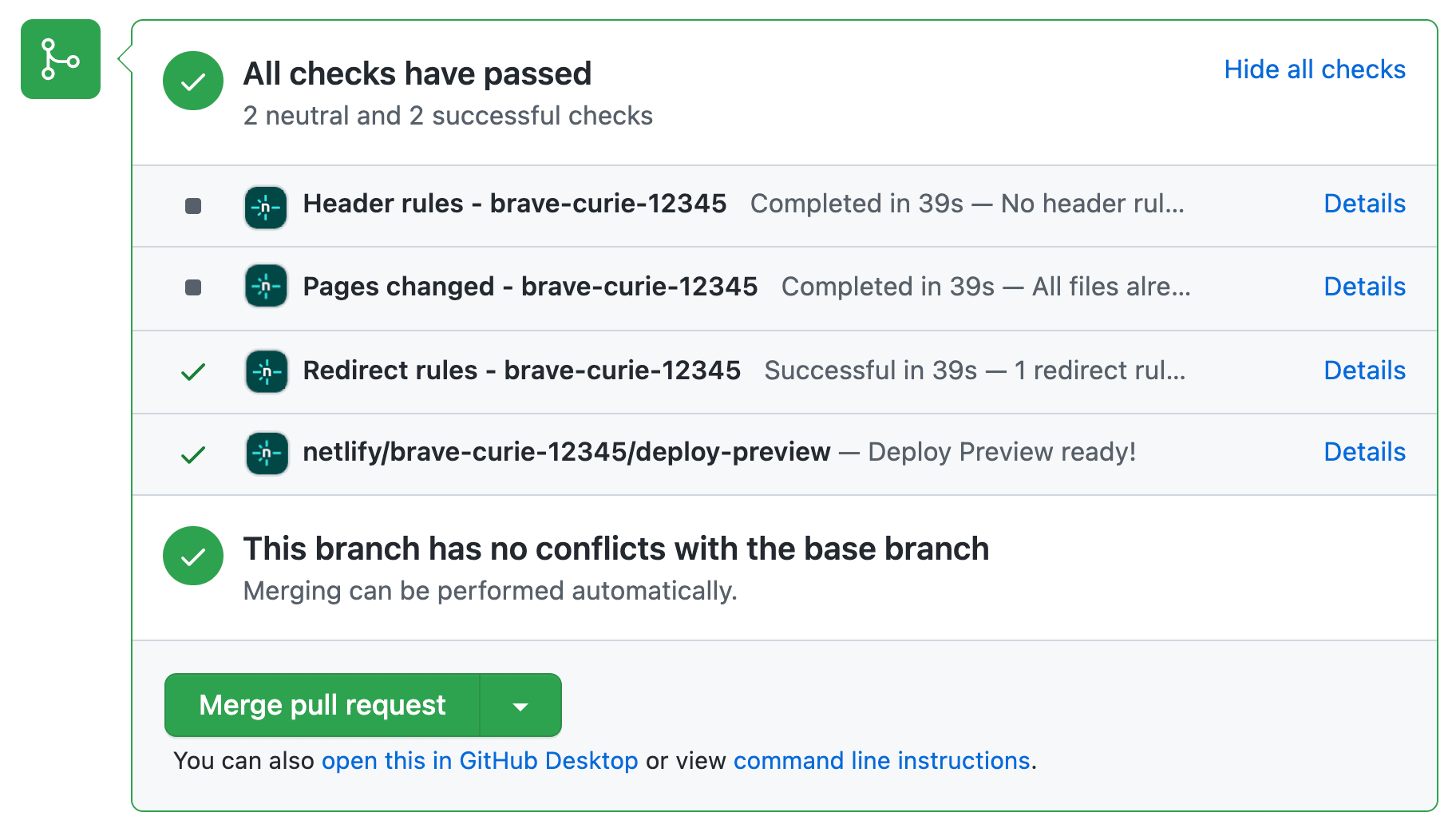 Commit checks for header rules, pages changed, redirect rules, deploy preview.