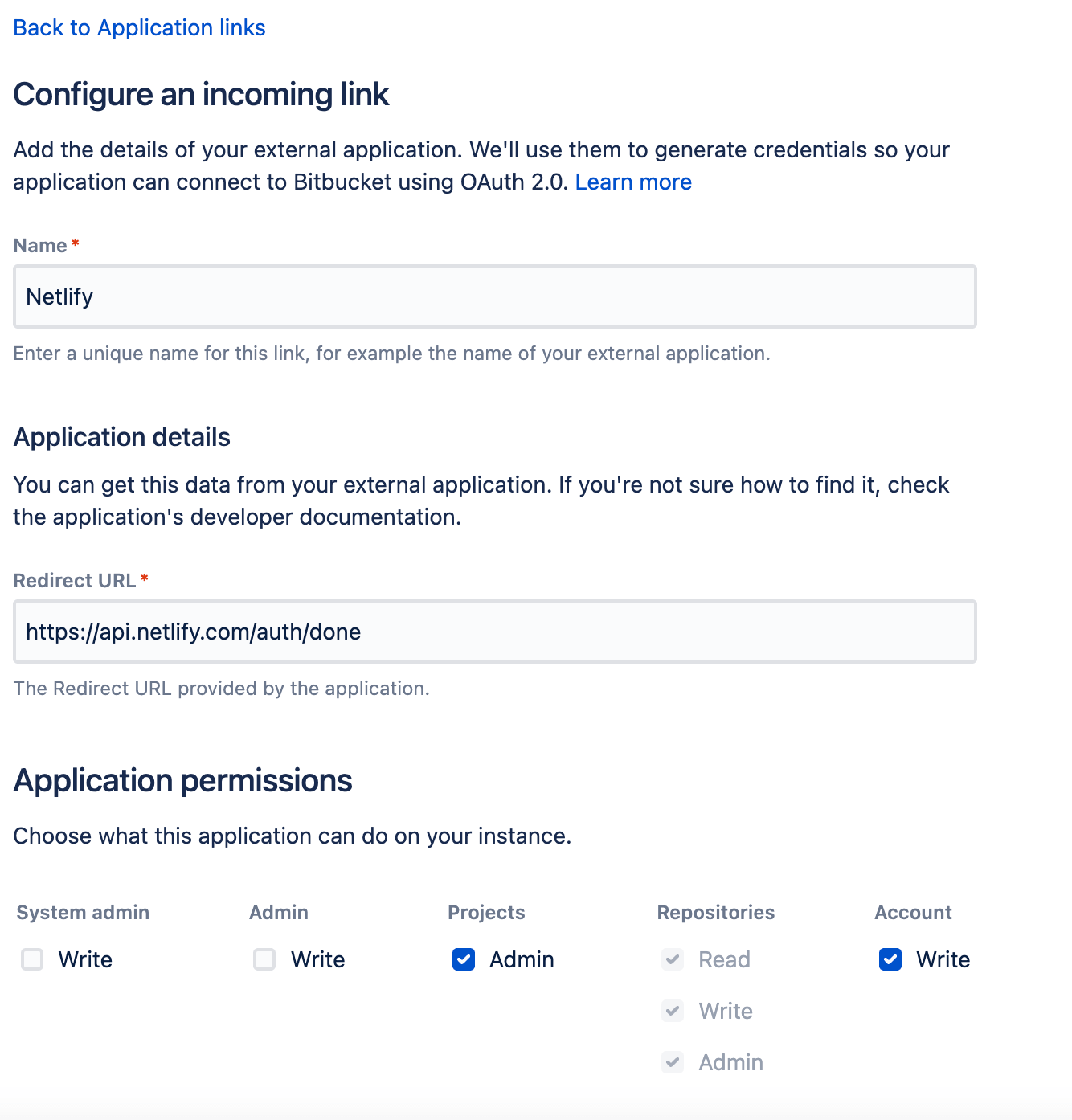Configuration modal for a Bitbucket application link with recommended entries and selections.