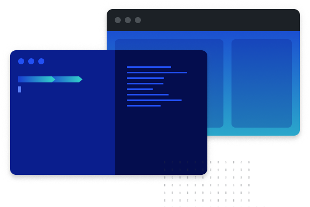 Illustration of a computer terminal window overlaying a web browser