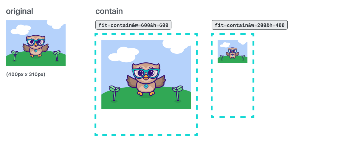 Examples. Original image is 400 by 310. Contain width 600 and height 600 enlarges image proportionally to 600 by 465. Contain width 200 and height 400 shrinks image proportionally to 200 by 155.