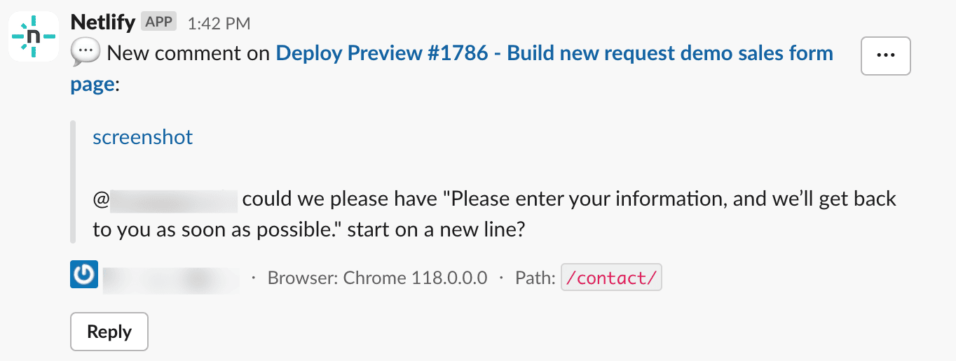 Netlify Slack app comment in Slack showing that someone left a comment on a preview of a site through the Netlify Drawer’s review tools