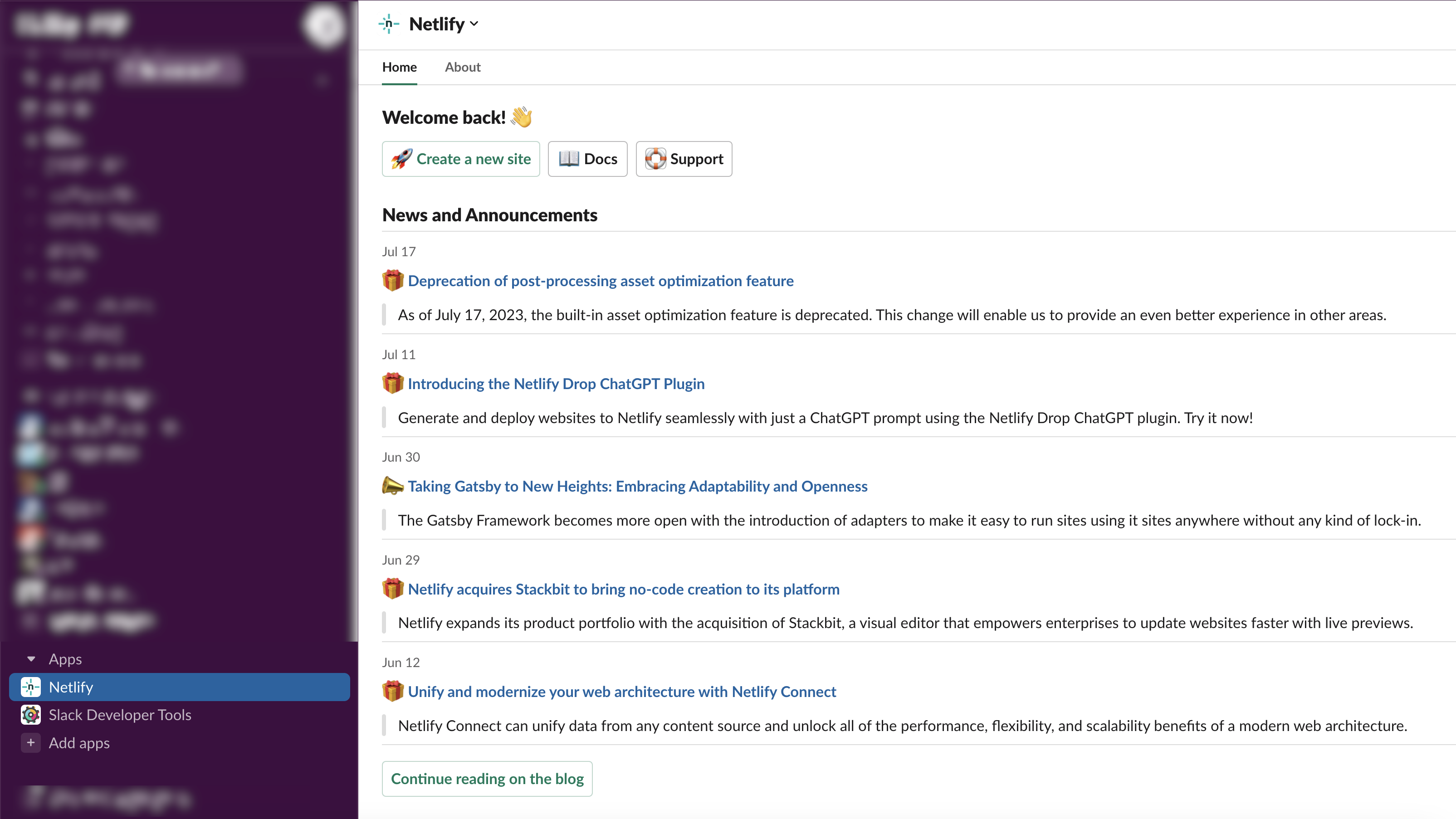 Slack app window showing the Netlify Slack app selected with a list of Netlify product updates