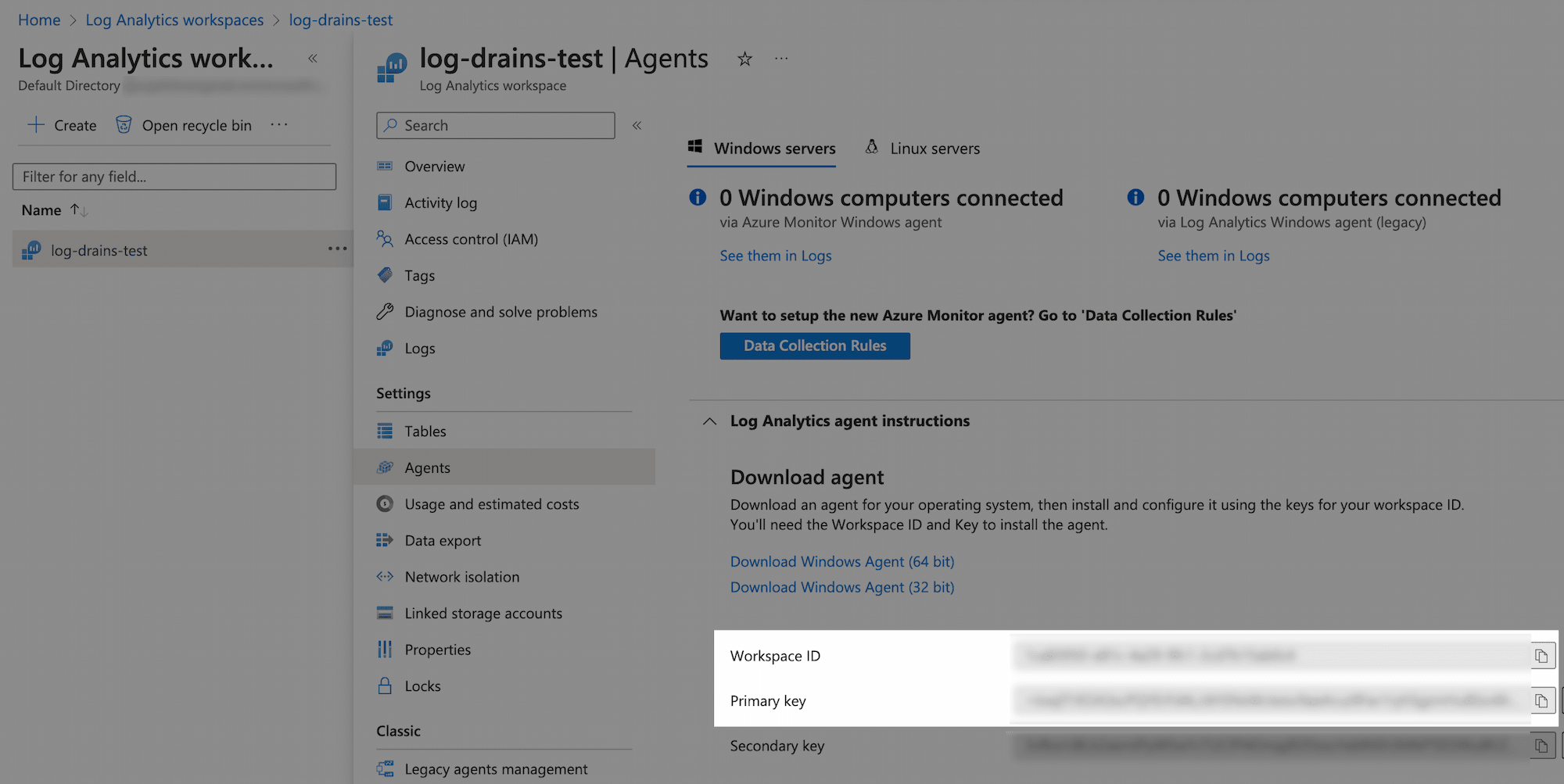 Azure analytics workspace screenshot highlighting the Workspace ID and Primary Key fields under Log Analytics Agent Instructions.