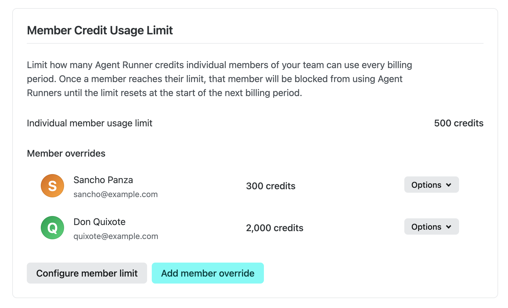Member Credit Usage Limit section showing the individual member usage limit, member overrides, and the Configure member limit and Add member override buttons