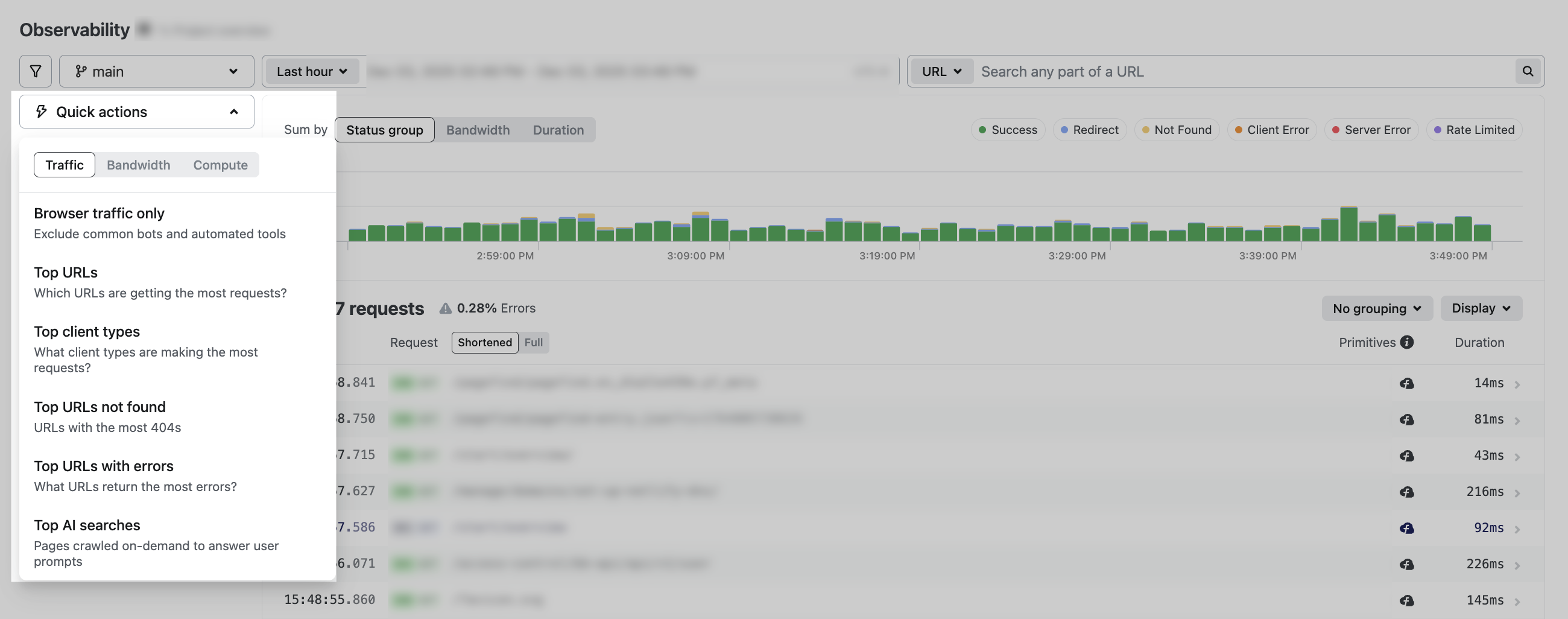 Observability dashboard highlighting the quick actions menu featuring traffic insights