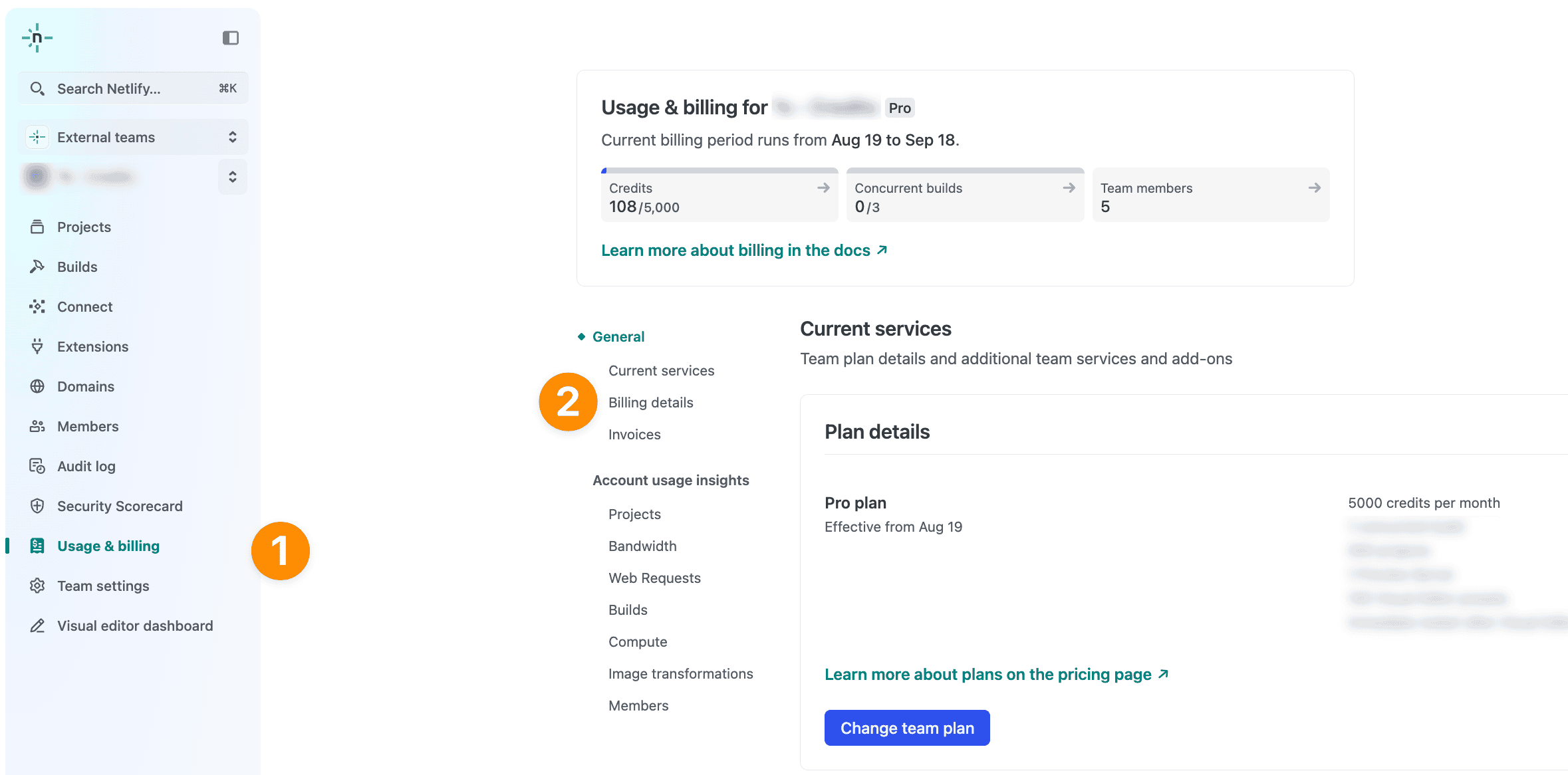 Billing and usage marked with 1 on left nav and Billing details marked with 2 on right side of team dashboard