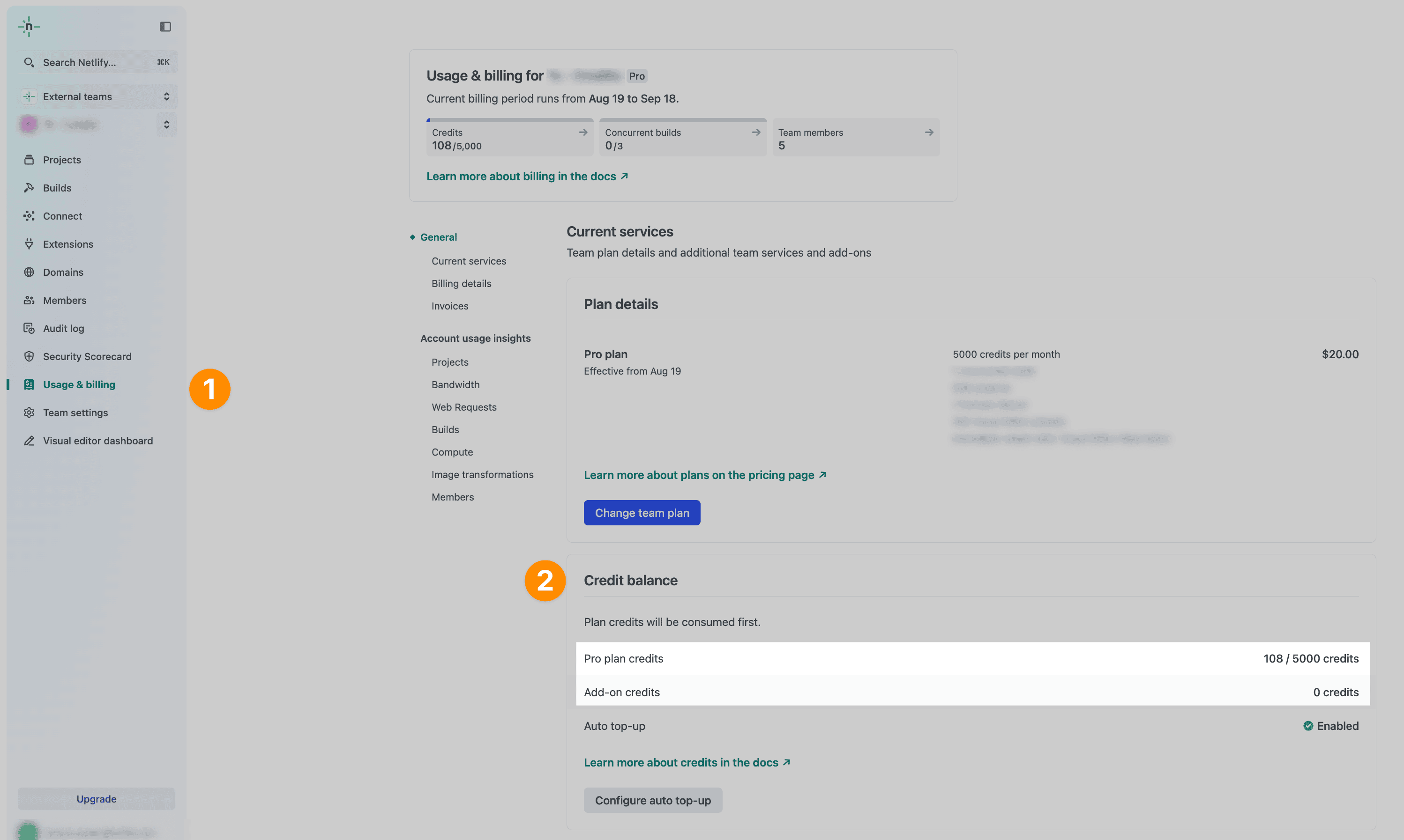 Usage and billing marked with 1 on left nav and Credit balance marked with 2 on right side of team dashboard