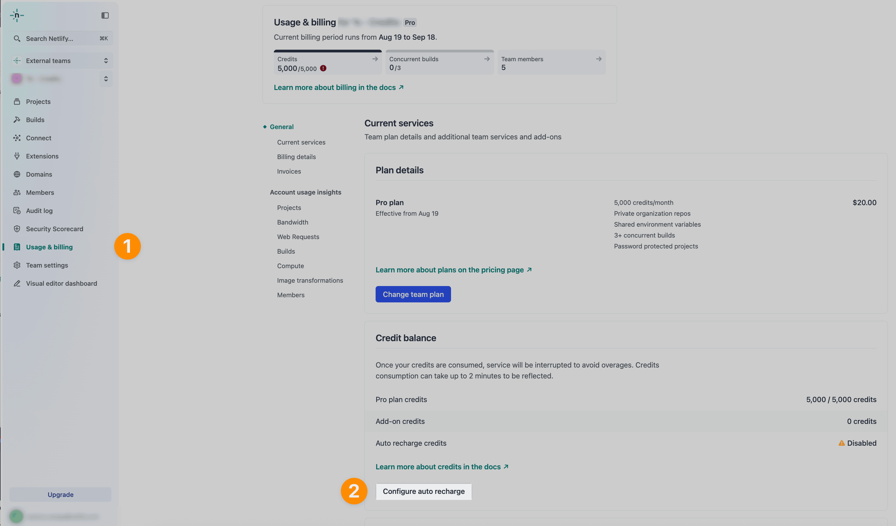 Usage & billing option marked with 1 on left nav bar of team dashboard and Configure auto recharge marked with 2