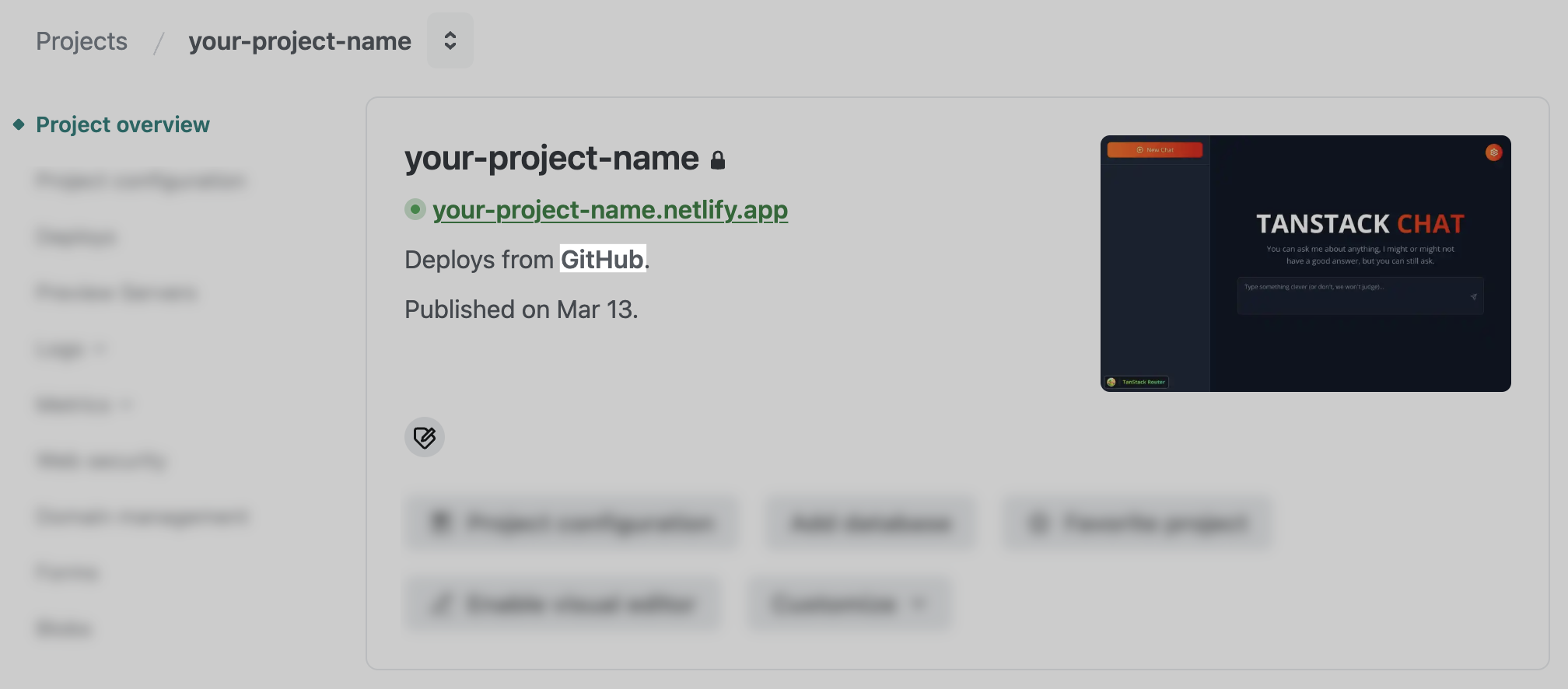 Project overview dashboard with ”Deploys from GitHub” highlighted