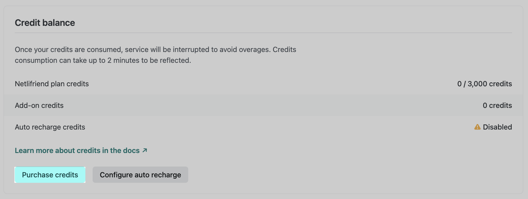 Purchase credits button highlighted under Credit balance