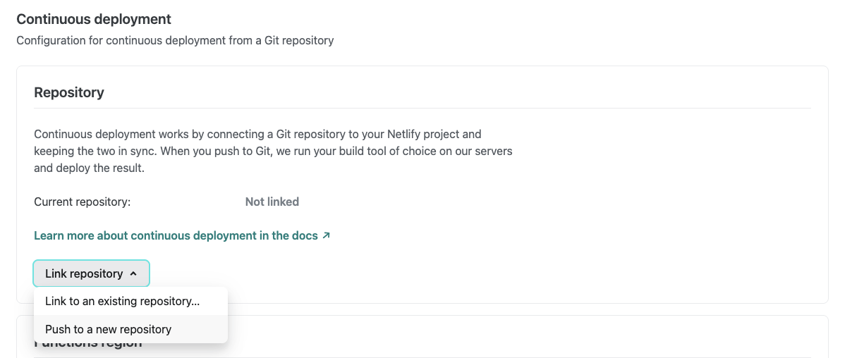 Link repository drop down menu showing Push to new repository option