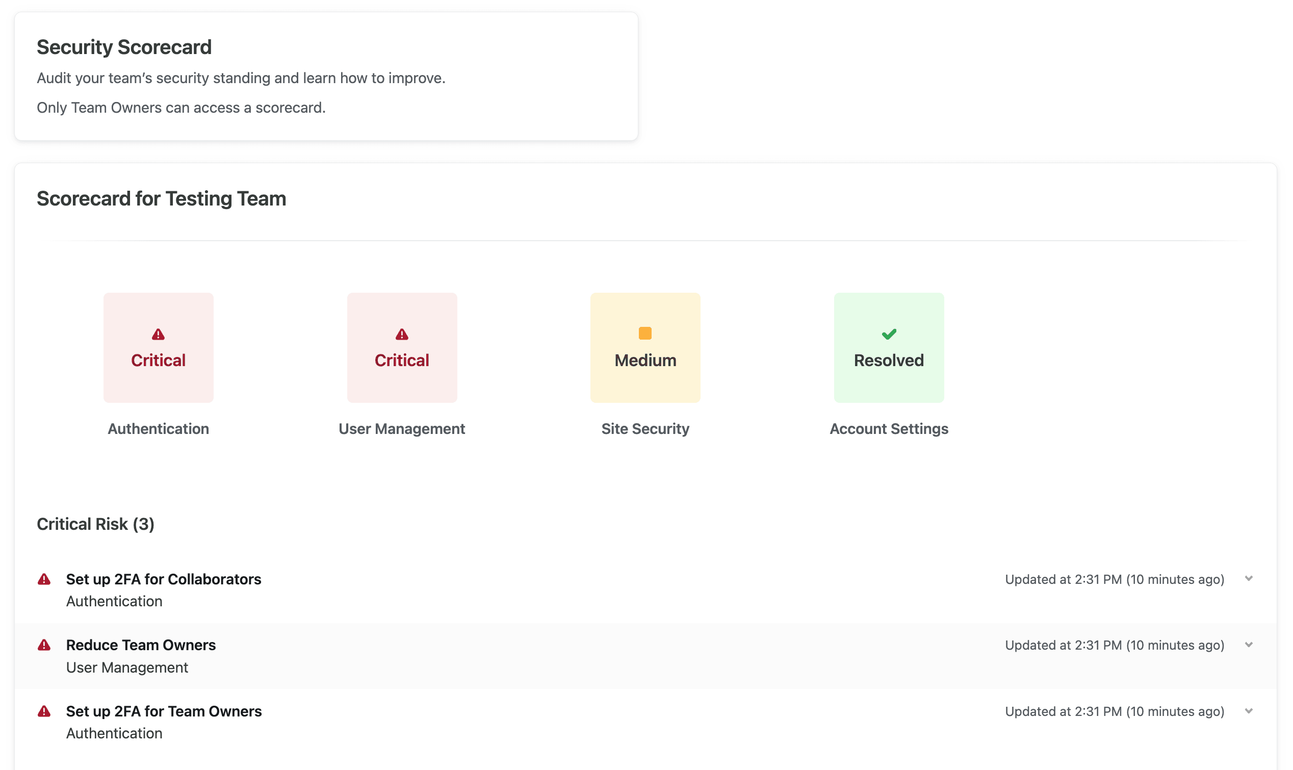 Security Scorecard with some security risk alerts