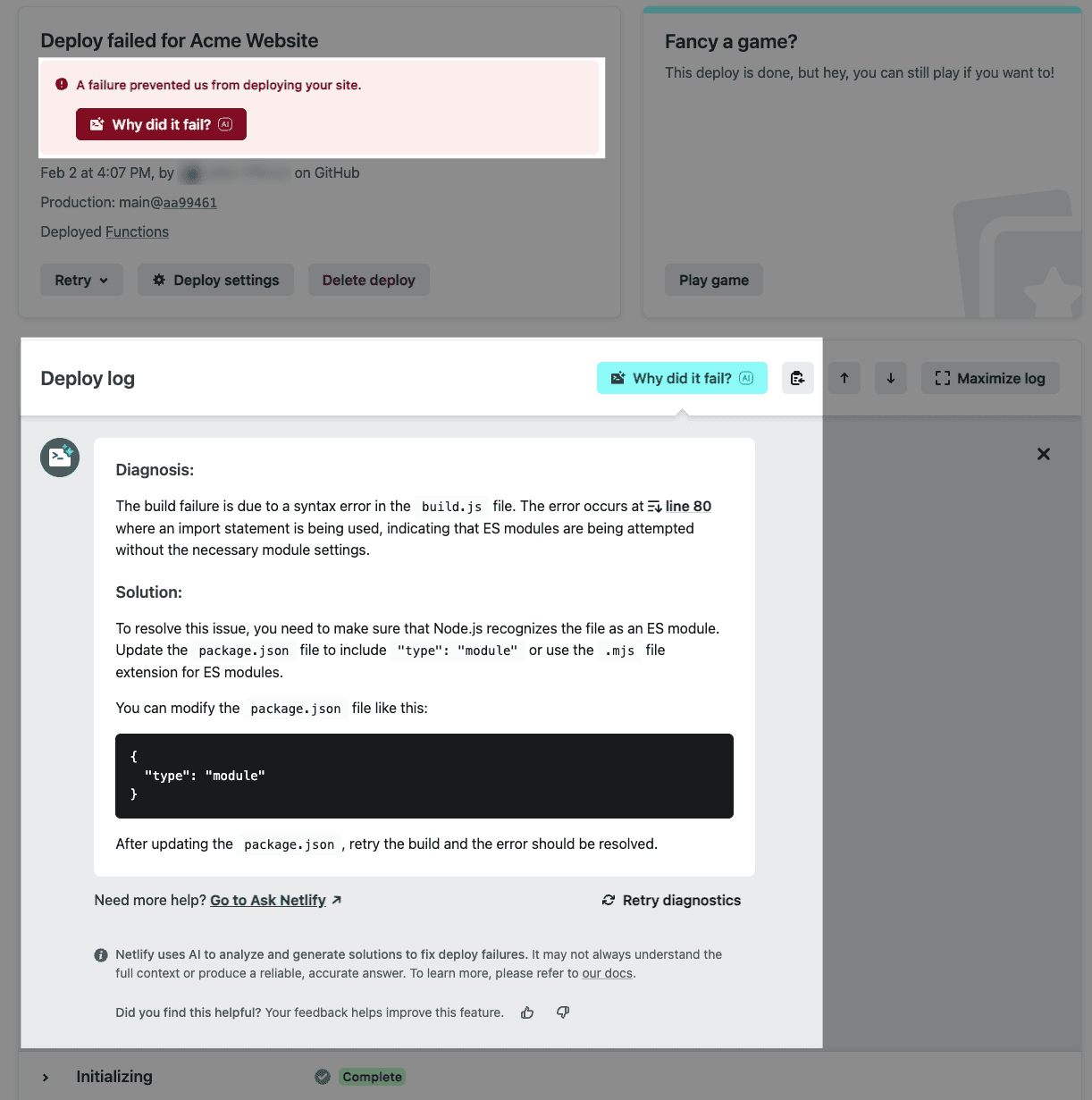 A failed deploy with a "Why did it fail?" button and a diagnosis and suggested solution above the deploy log details