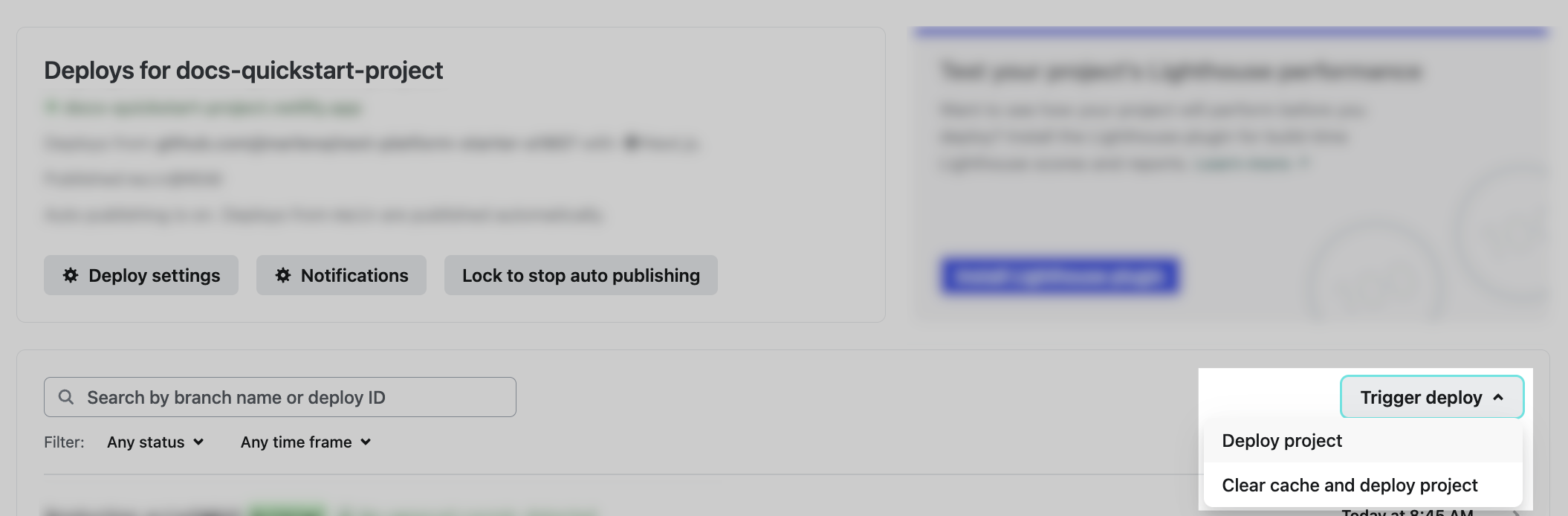 UI drop-down menu options that show up after you select the Trigger deploy button