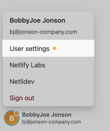 User settings menu open in the bottom left of the Netlify dashboard