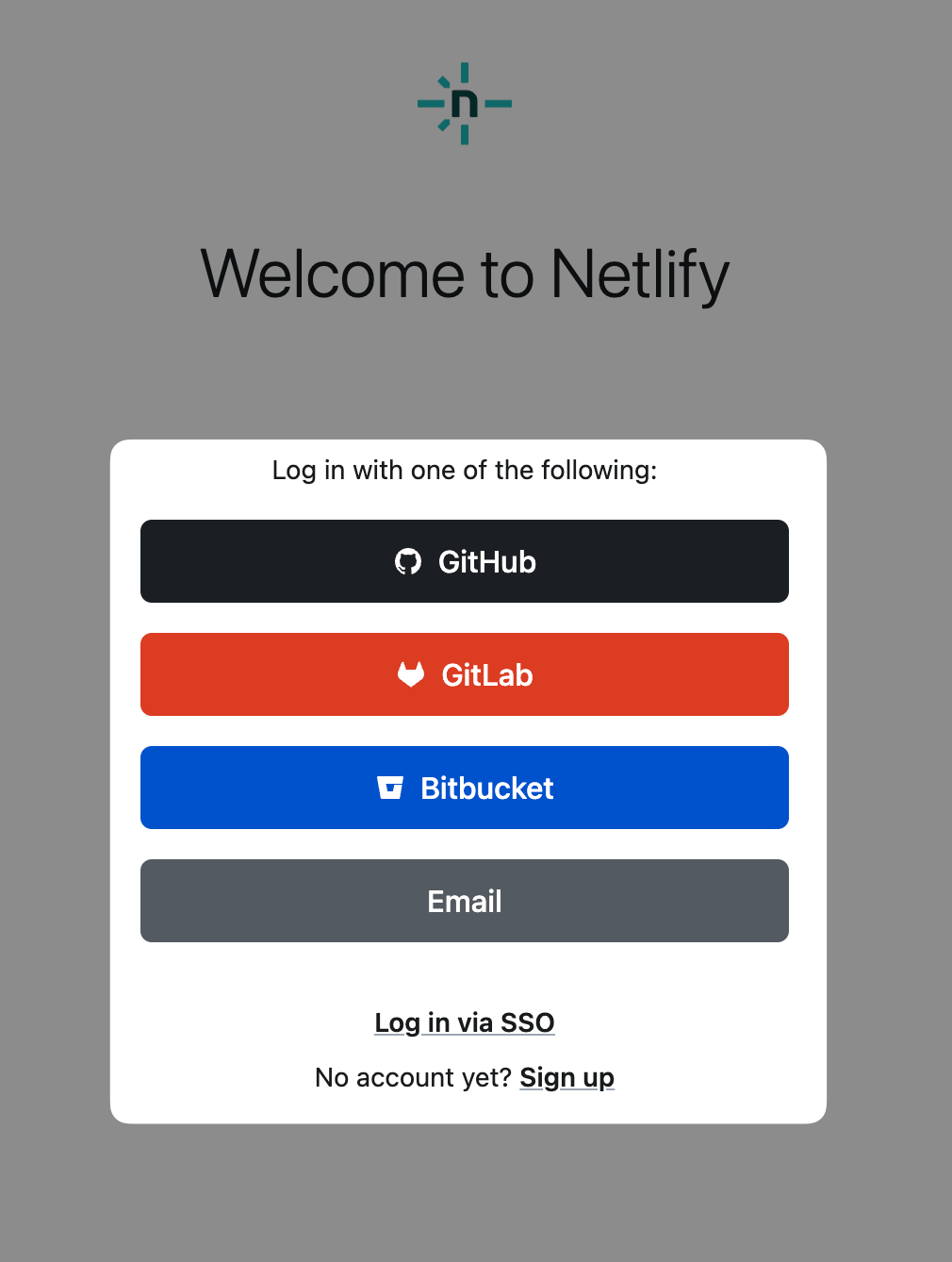 Standard Netlify team login options on a deploy when team login protection is enabled, includes options to log in with GitHub, GitLab, Bitbucket, Email, or SSO