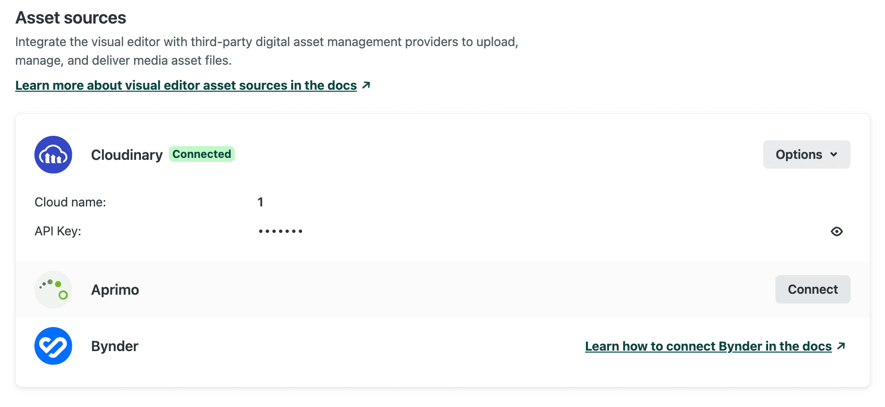 Asset source options Cloudinary, Bynder, and Aprimo with a Connect button next to each